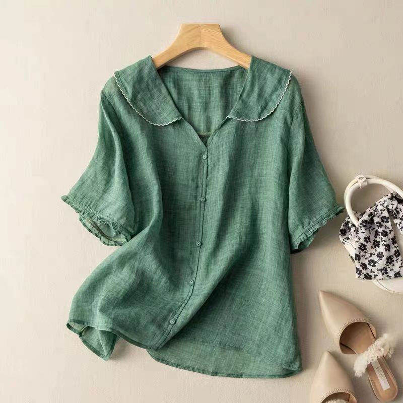 Kris Women's Blouse featuring a stylish scalloped collar and elegant button detail, designed for a chic and sophisticated look. 0