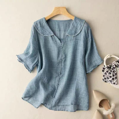 Kris Women's Blouse featuring a stylish scalloped collar and elegant button detail, designed for a chic and sophisticated look. 2
