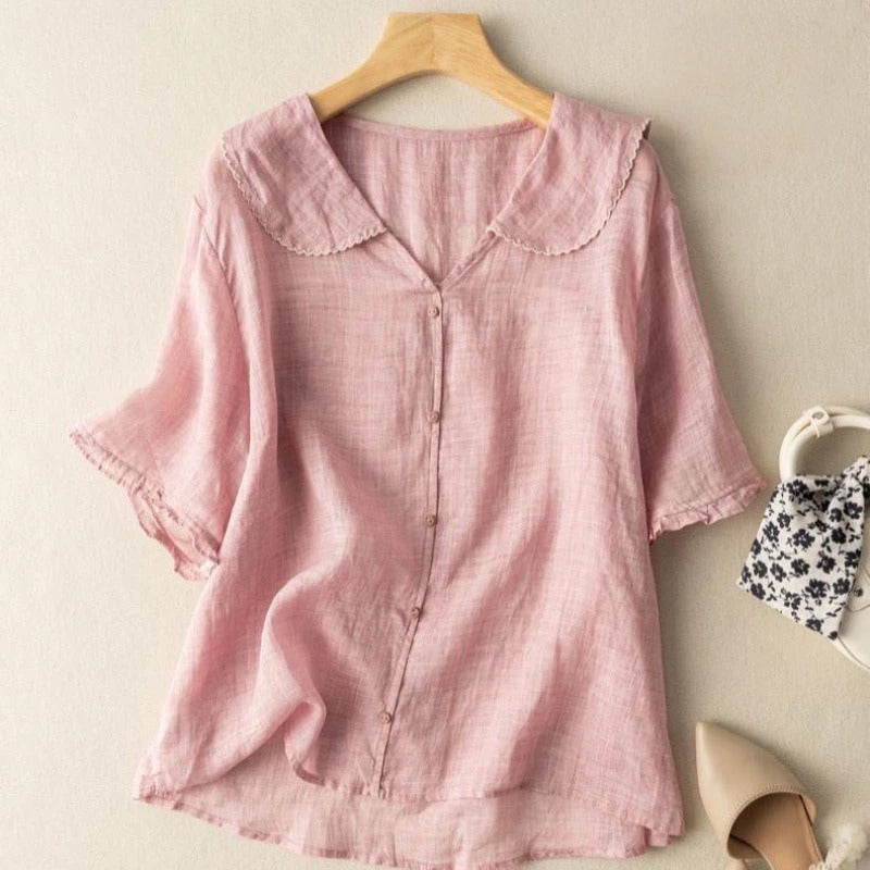 Kris Women's Blouse featuring a stylish scalloped collar and elegant button detail, designed for a chic and sophisticated look. 3