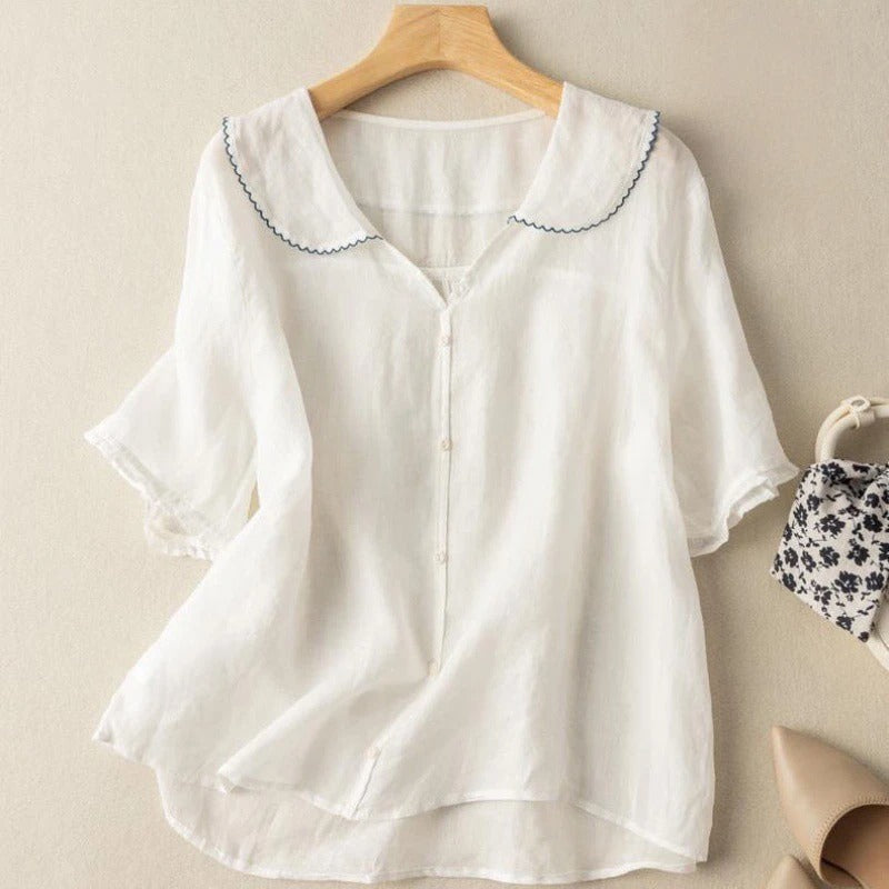Kris Women's Blouse featuring a stylish scalloped collar and elegant button detail, designed for a chic and sophisticated look. 4