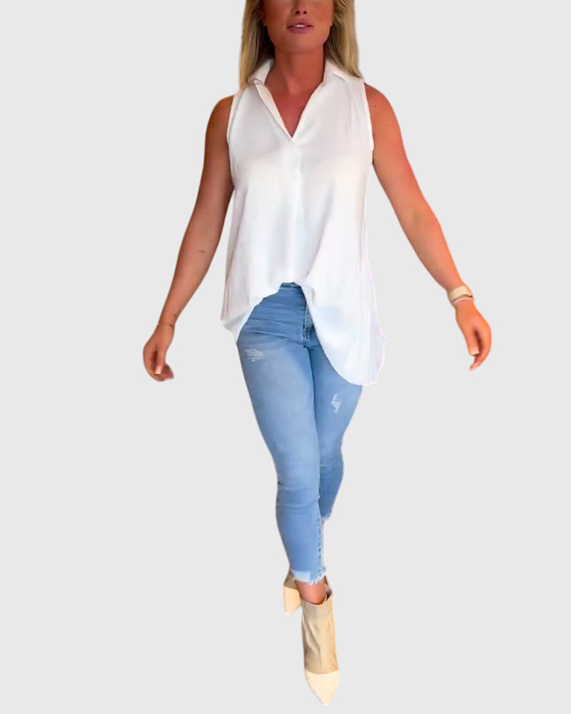 Lina Women’s Sleeveless Top featuring stylish ruffles and a chic lapel collar, perfect for casual or formal occasions. 0