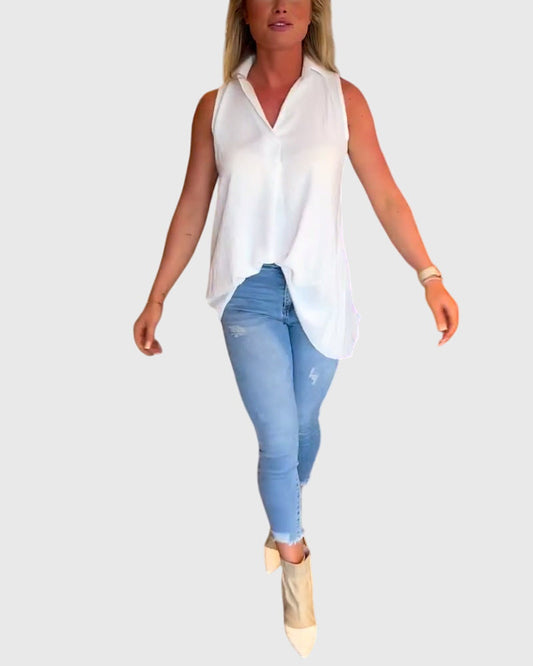 Lina Women’s Sleeveless Top featuring stylish ruffles and a chic lapel collar, perfect for casual or formal occasions. 0