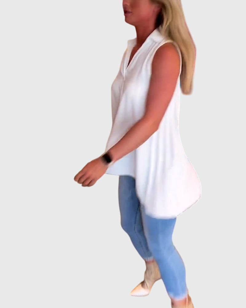 Lina Women’s Sleeveless Top featuring stylish ruffles and a chic lapel collar, perfect for casual or formal occasions. 1