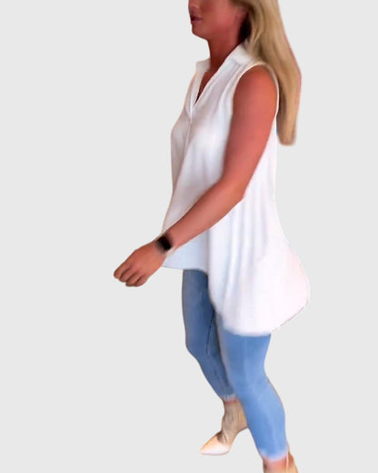 Lina Women’s Sleeveless Top featuring stylish ruffles and a chic lapel collar, perfect for casual or formal occasions. 1
