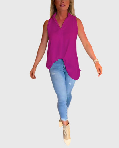 Lina Women’s Sleeveless Top featuring stylish ruffles and a chic lapel collar, perfect for casual or formal occasions. 11