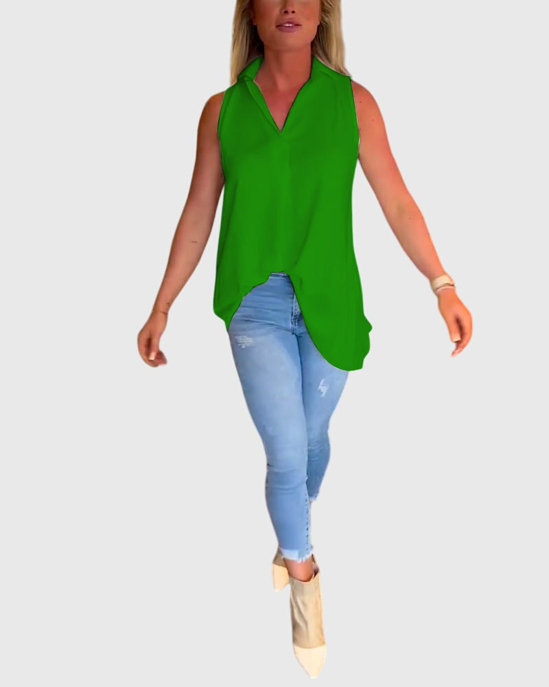 Lina Women’s Sleeveless Top featuring stylish ruffles and a chic lapel collar, perfect for casual or formal occasions. 12