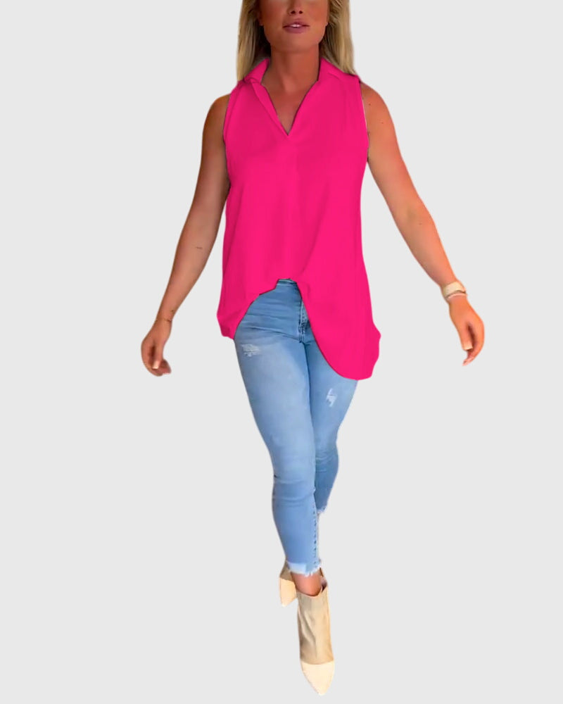 Lina Women’s Sleeveless Top featuring stylish ruffles and a chic lapel collar, perfect for casual or formal occasions. 13
