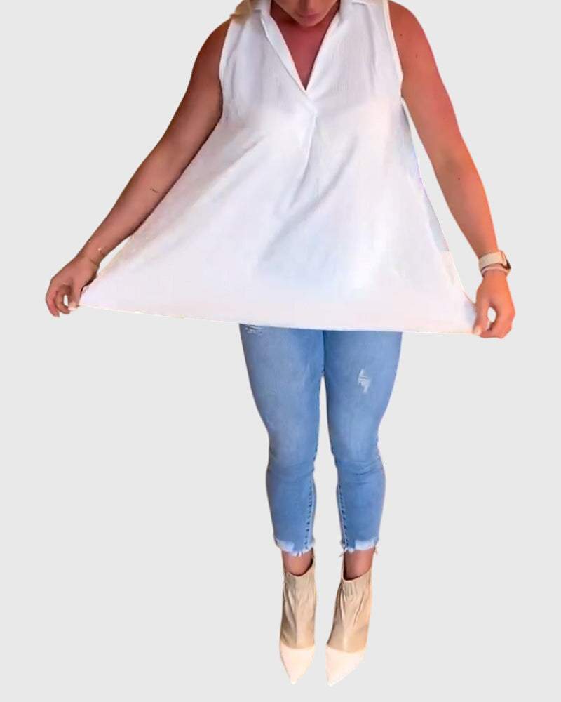 Lina Women’s Sleeveless Top featuring stylish ruffles and a chic lapel collar, perfect for casual or formal occasions. 2