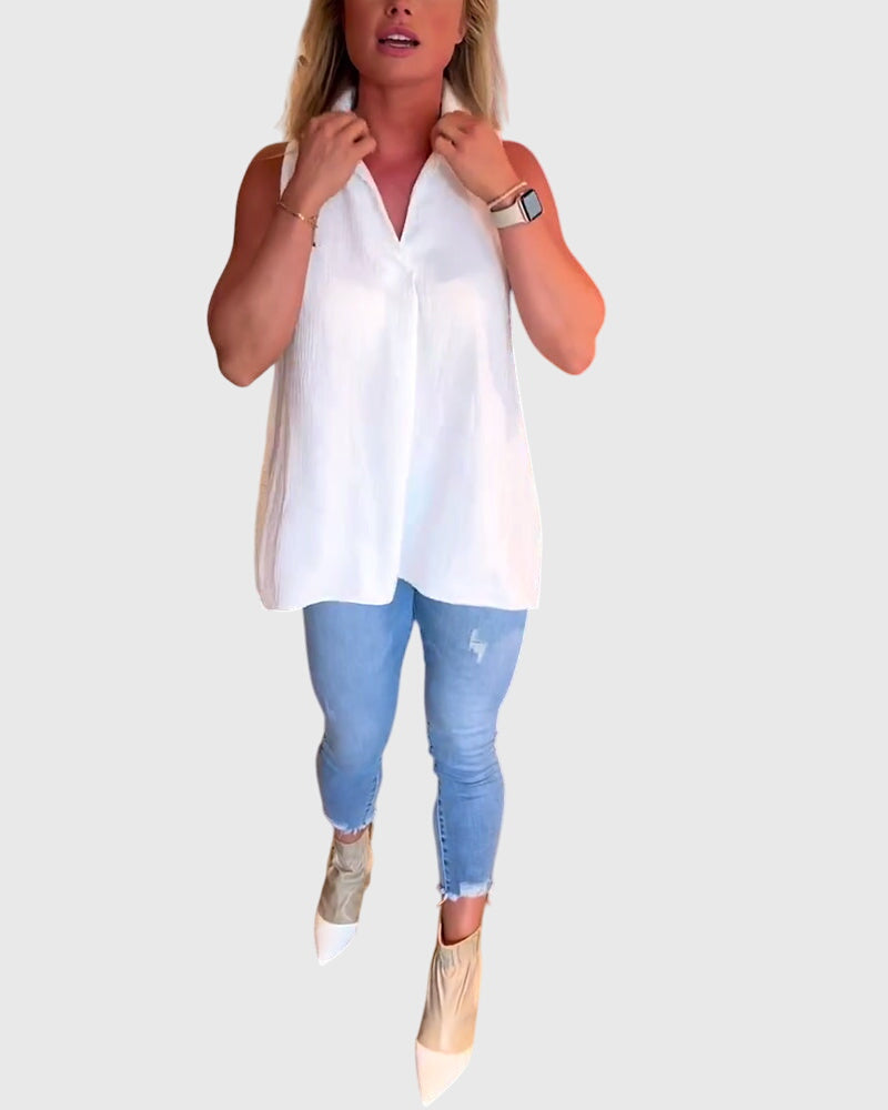 Lina Women’s Sleeveless Top featuring stylish ruffles and a chic lapel collar, perfect for casual or formal occasions. 4