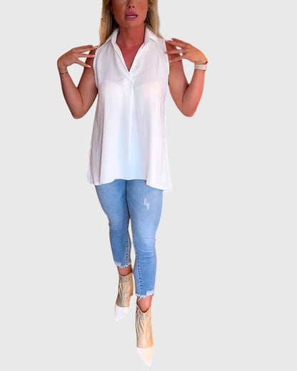 Lina Women’s Sleeveless Top featuring stylish ruffles and a chic lapel collar, perfect for casual or formal occasions. 5