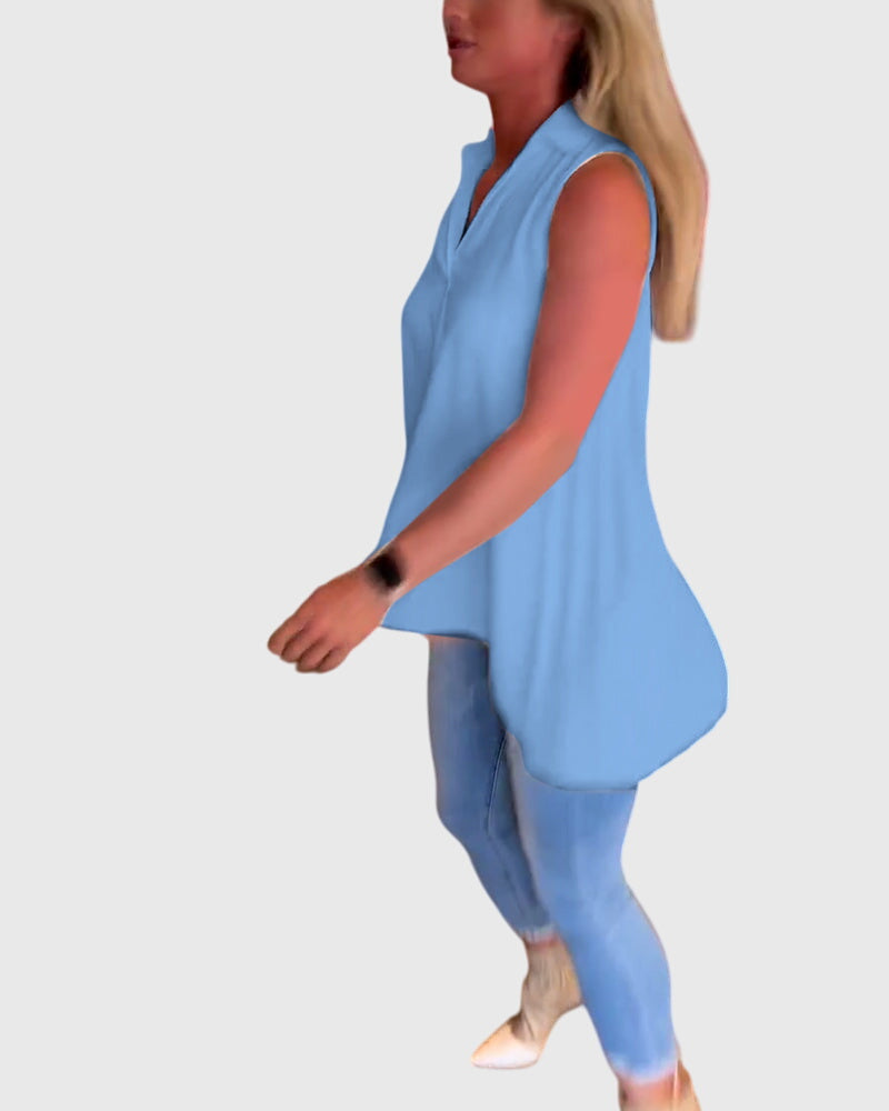 Lina Women’s Sleeveless Top featuring stylish ruffles and a chic lapel collar, perfect for casual or formal occasions. 7
