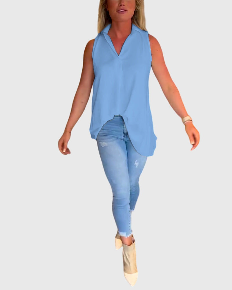 Lina Women’s Sleeveless Top featuring stylish ruffles and a chic lapel collar, perfect for casual or formal occasions. 8