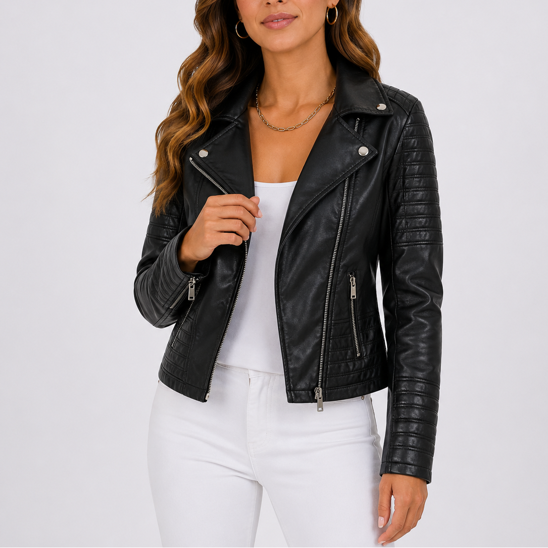 Liora Women's Leather Biker Jacket featuring an asymmetrical zip and tailored fit, perfect for a stylish and edgy look. 0
