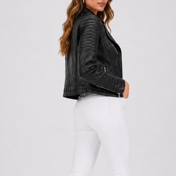 Liora Women's Leather Biker Jacket featuring an asymmetrical zip and tailored fit, perfect for a stylish and edgy look. 2