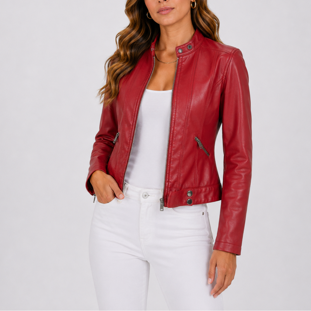 Liora Women's Vegan Leather Jacket in classic cut, stylish design with a sleek fit, perfect for versatile fashion choices. 2