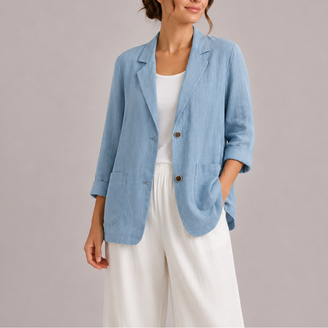 Liora Women's Linen Blazer in a stylish casual design, featuring lightweight and breathable fabric, perfect for warm weather and versatile outfits. 0