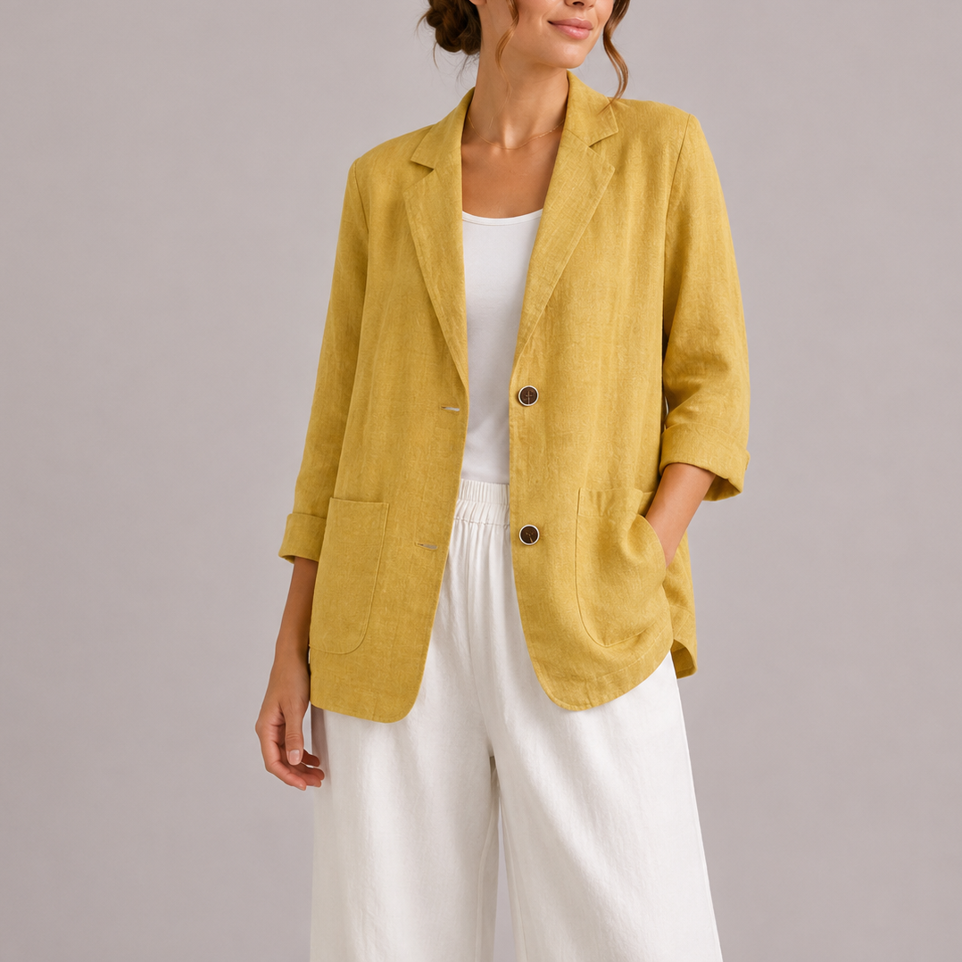 Liora Women's Linen Blazer in a stylish casual design, featuring lightweight and breathable fabric, perfect for warm weather and versatile outfits. 1