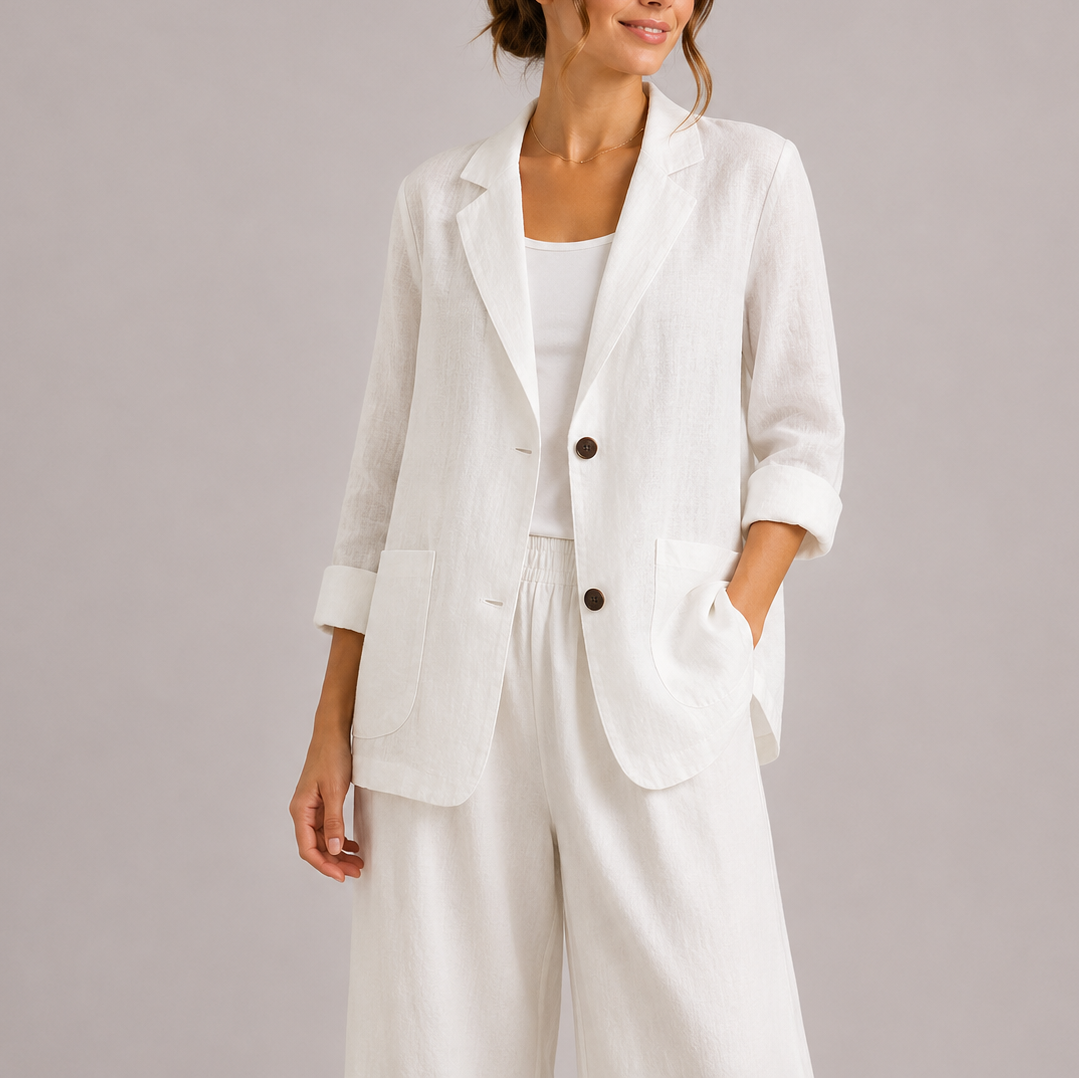 Liora Women's Linen Blazer in a stylish casual design, featuring lightweight and breathable fabric, perfect for warm weather and versatile outfits. 2