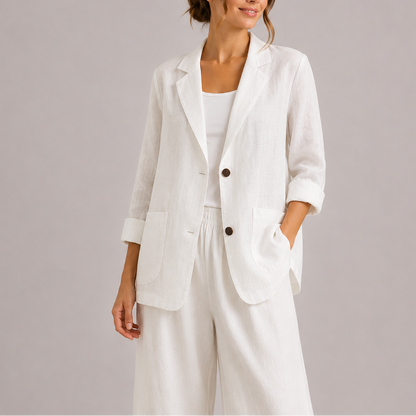 Liora Women's Linen Blazer in a stylish casual design, featuring lightweight and breathable fabric, perfect for warm weather and versatile outfits. 2