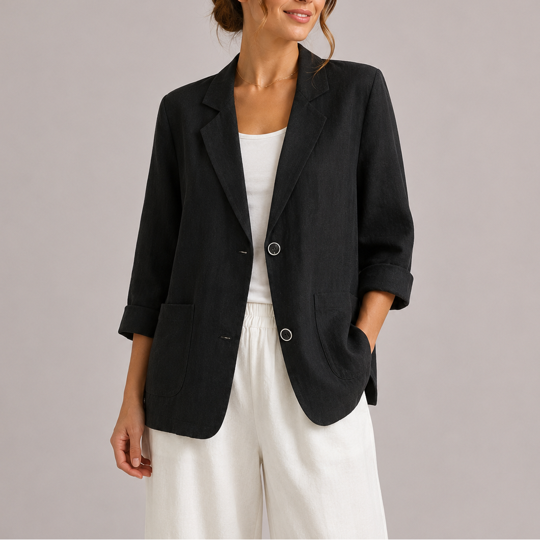 Liora Women's Linen Blazer in a stylish casual design, featuring lightweight and breathable fabric, perfect for warm weather and versatile outfits. 3