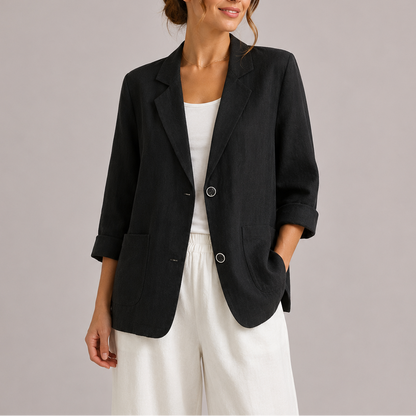 Liora Women's Linen Blazer in a stylish casual design, featuring lightweight and breathable fabric, perfect for warm weather and versatile outfits. 3
