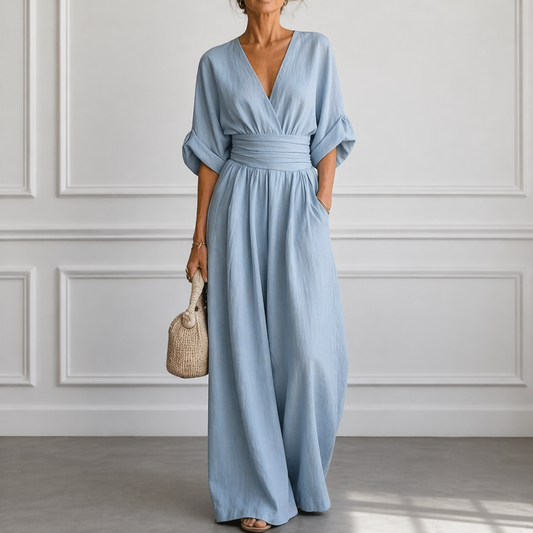 Luna Women's Jumpsuit featuring wide sleeves and a stylish V-neck design, perfect for casual or formal occasions. 0