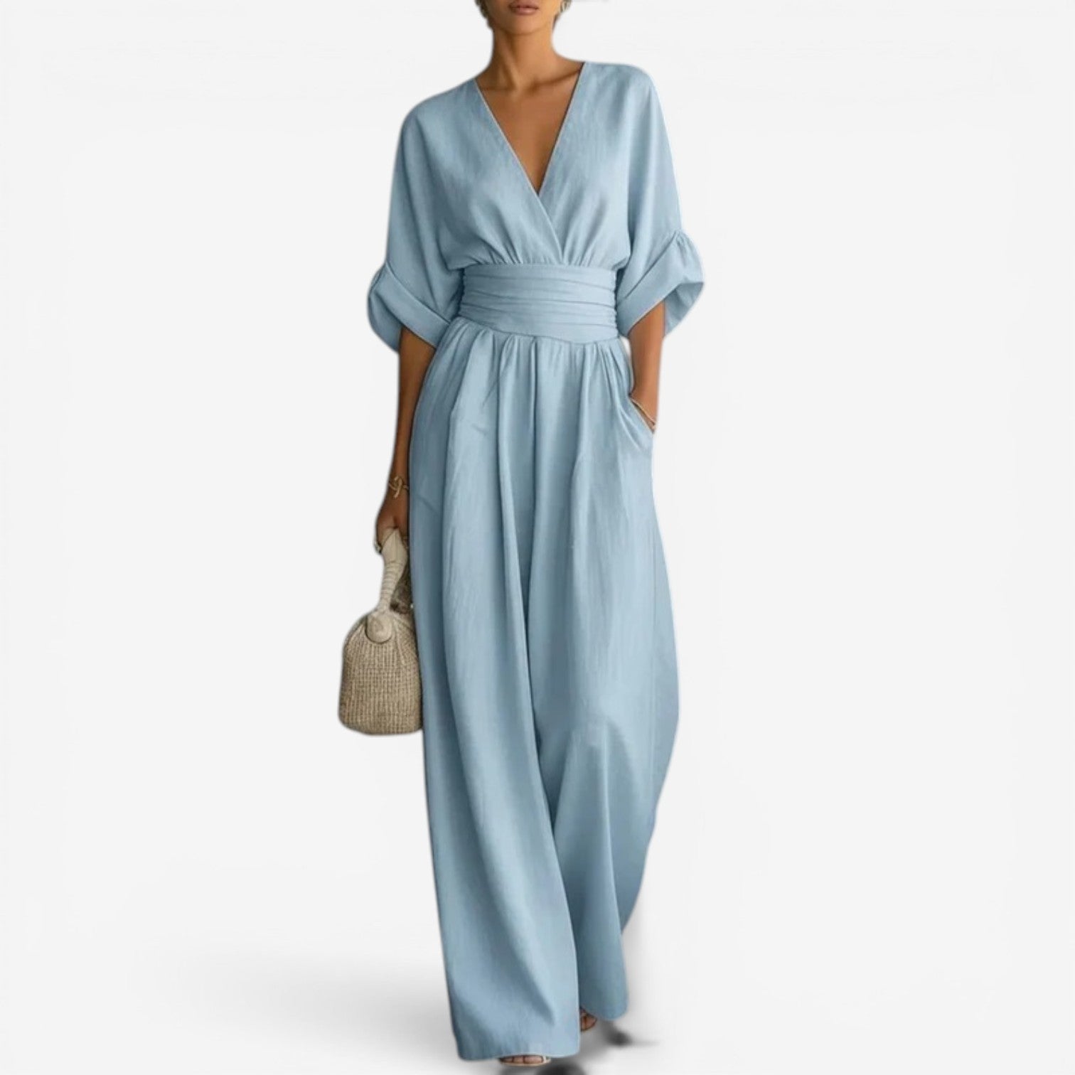 Luna Women's Jumpsuit featuring wide sleeves and a stylish V-neck design, perfect for casual or formal occasions. 1