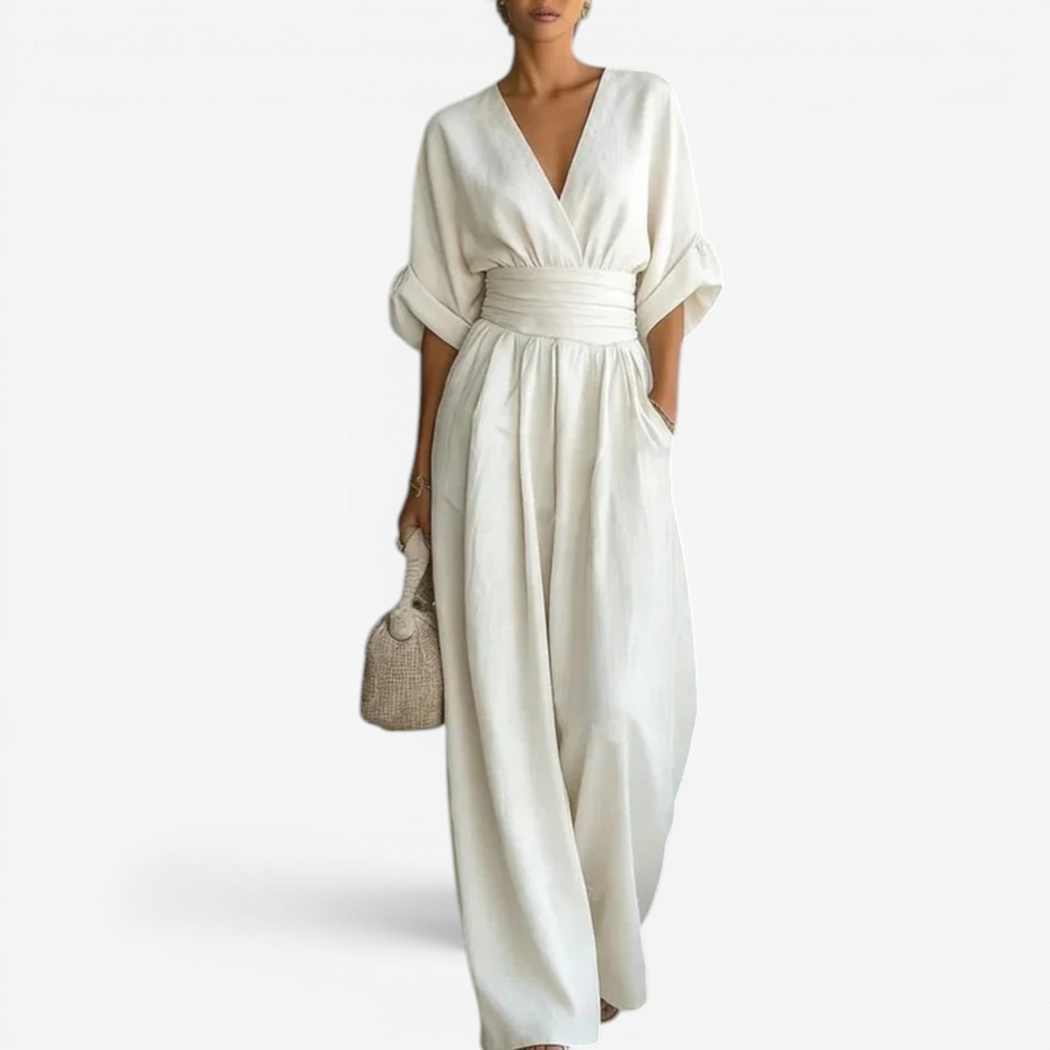 Luna Women's Jumpsuit featuring wide sleeves and a stylish V-neck design, perfect for casual or formal occasions. 2