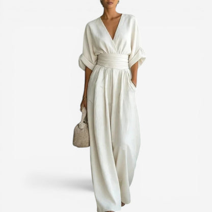 Luna Women's Jumpsuit featuring wide sleeves and a stylish V-neck design, perfect for casual or formal occasions. 2