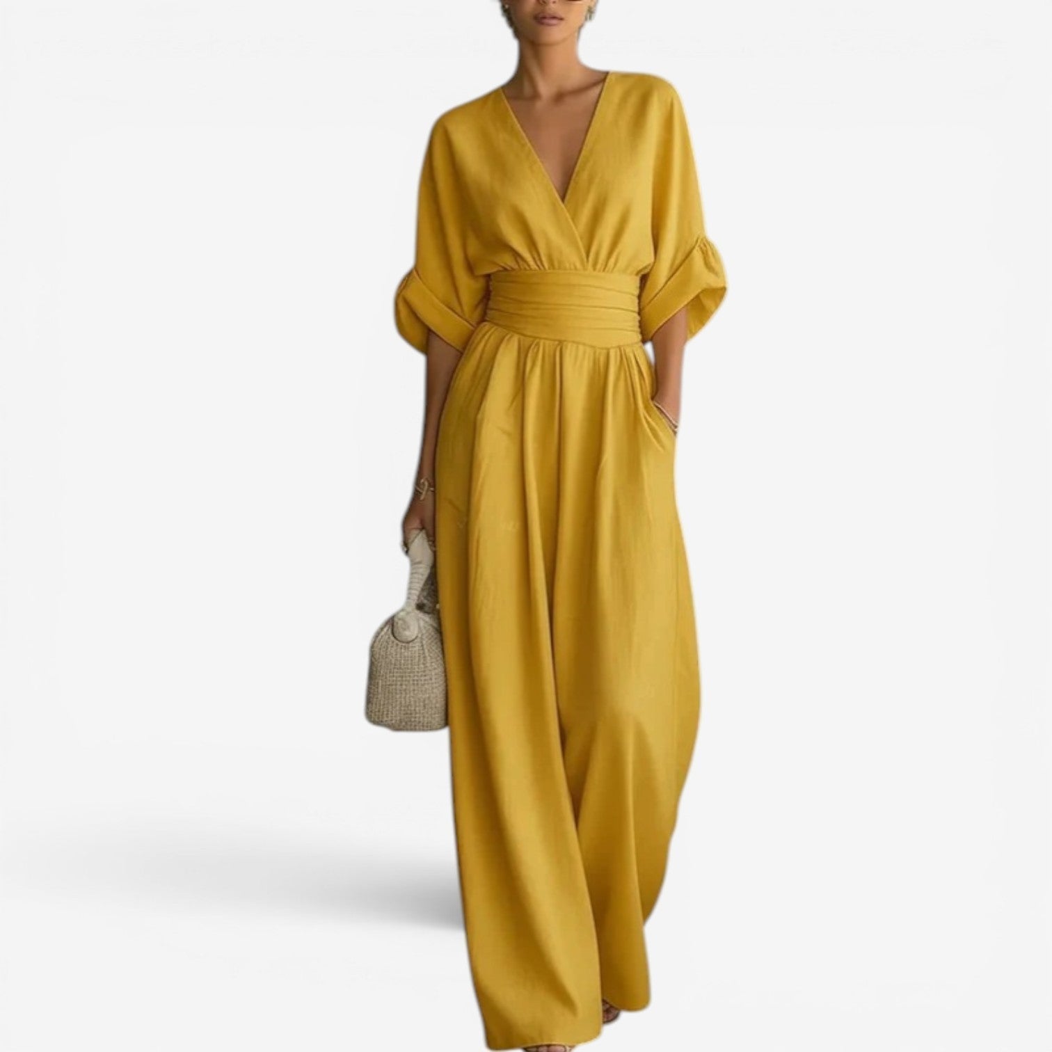 Luna Women's Jumpsuit featuring wide sleeves and a stylish V-neck design, perfect for casual or formal occasions. 3