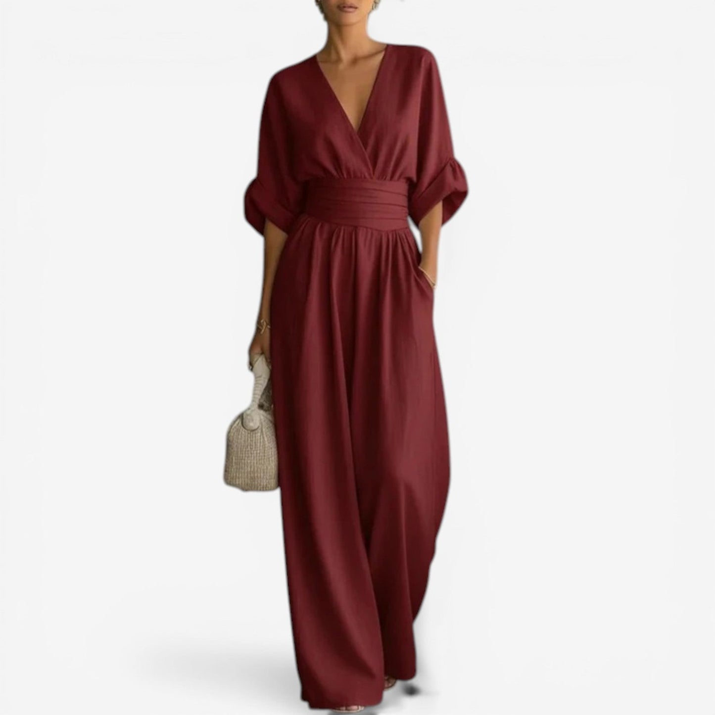 Luna Women's Jumpsuit featuring wide sleeves and a stylish V-neck design, perfect for casual or formal occasions. 4