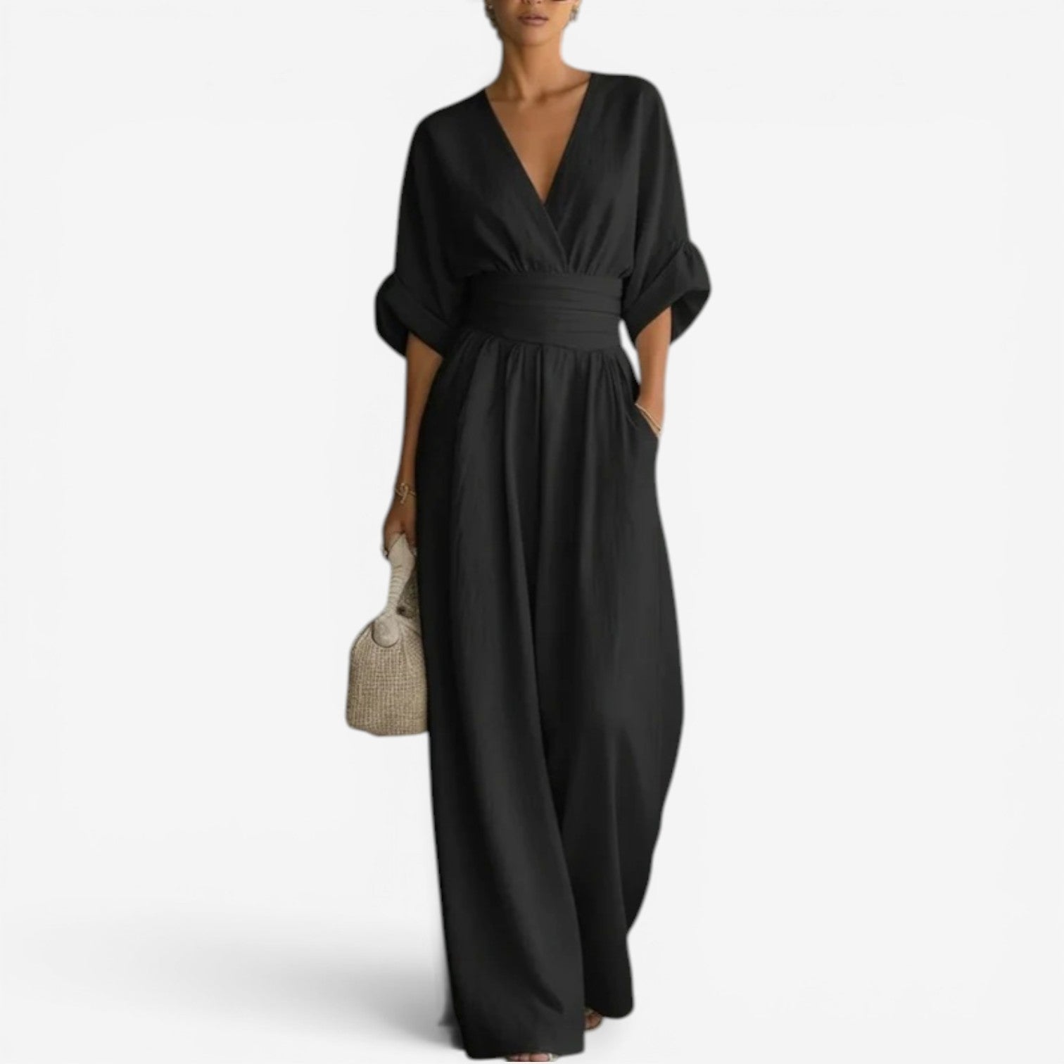 Luna Women's Jumpsuit featuring wide sleeves and a stylish V-neck design, perfect for casual or formal occasions. 5