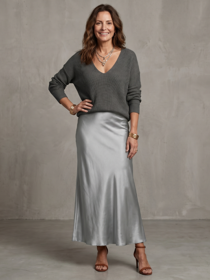 Luna Women's Set featuring a cozy knit sweater paired with a stylish bias-cut satin skirt, perfect for chic and comfortable outfits. 10