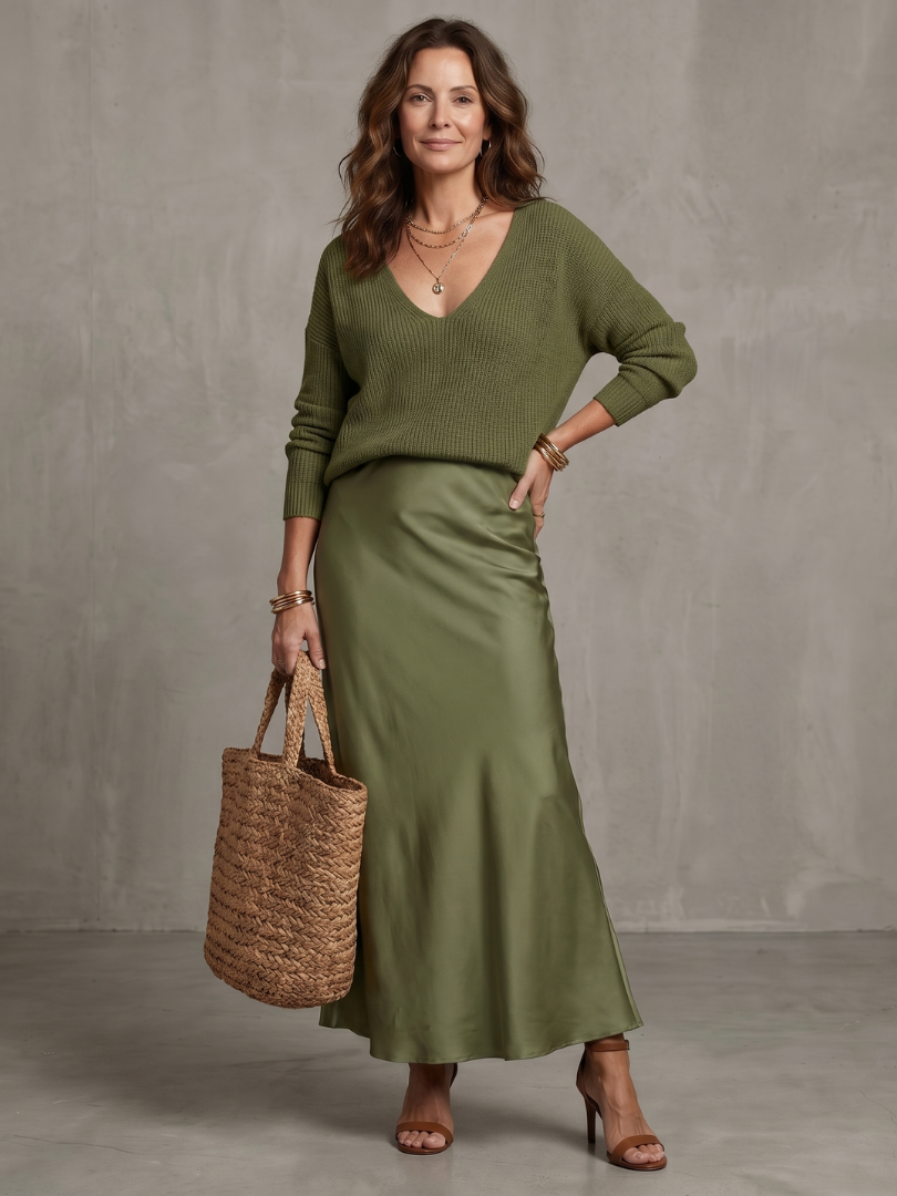 Luna Women's Set featuring a cozy knit sweater paired with a stylish bias-cut satin skirt, perfect for chic and comfortable outfits. 13