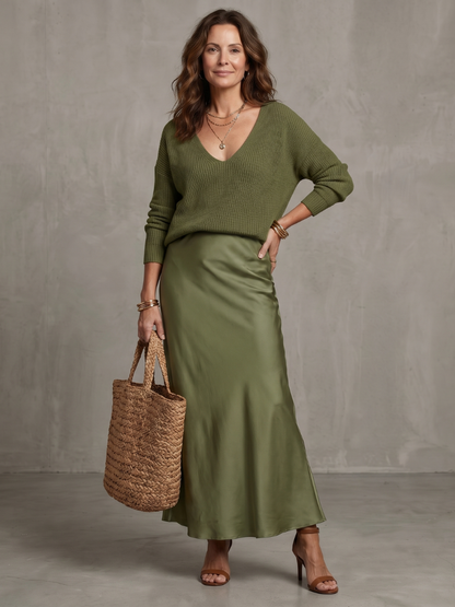 Luna Women's Set featuring a cozy knit sweater paired with a stylish bias-cut satin skirt, perfect for chic and comfortable outfits. 13