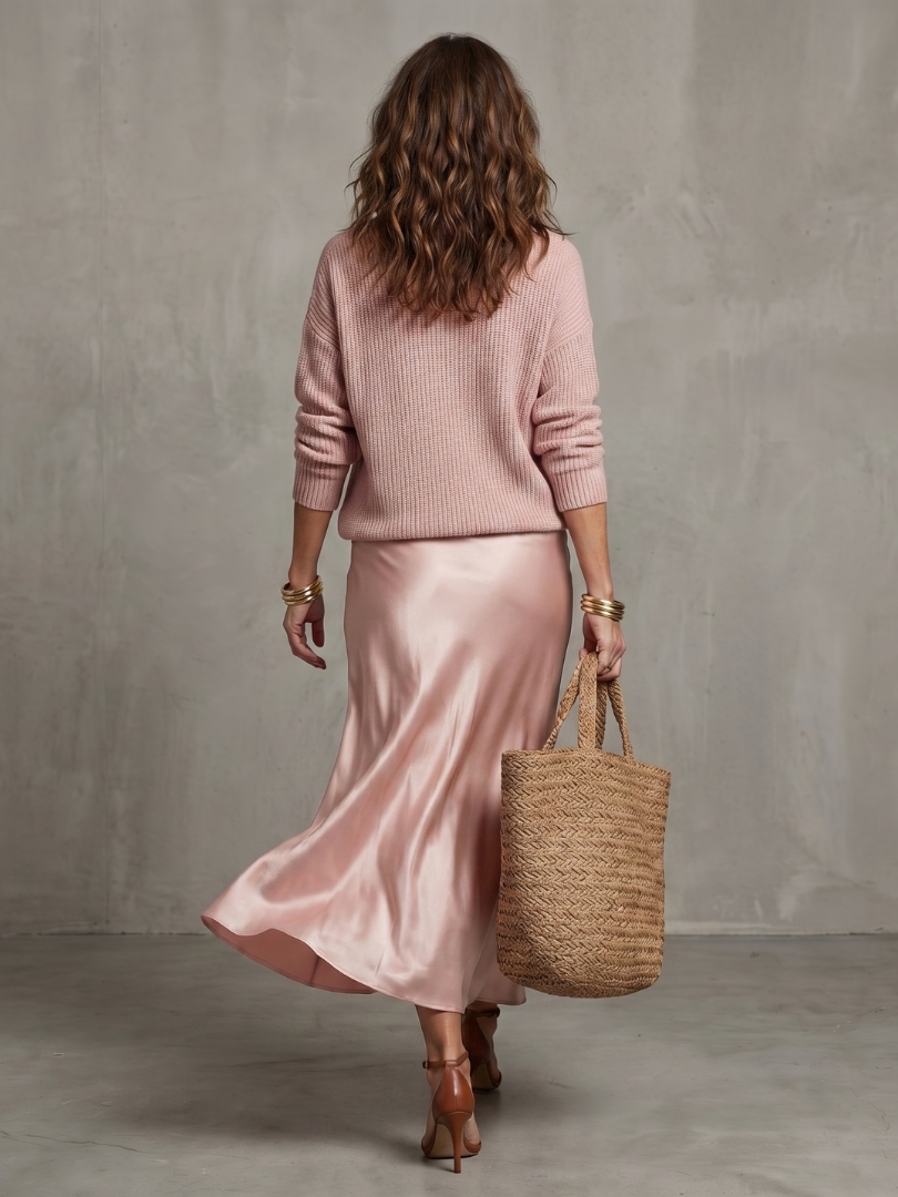 Luna Women's Set featuring a cozy knit sweater paired with a stylish bias-cut satin skirt, perfect for chic and comfortable outfits. 3
