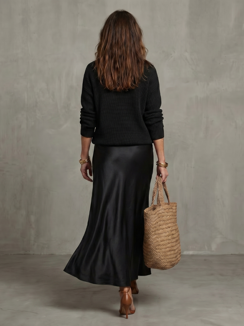 Luna Women's Set featuring a cozy knit sweater paired with a stylish bias-cut satin skirt, perfect for chic and comfortable outfits. 8