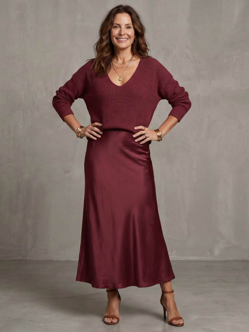 Luna Women's Set featuring a cozy knit sweater paired with a stylish bias-cut satin skirt, perfect for chic and comfortable outfits. 9