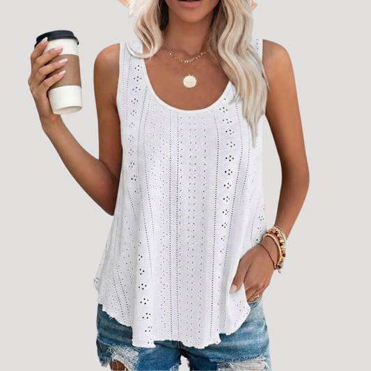 Luna Women’s Tank Top featuring a sleeveless design and a delicate eyelet pattern, perfect for casual summer outfits. 0