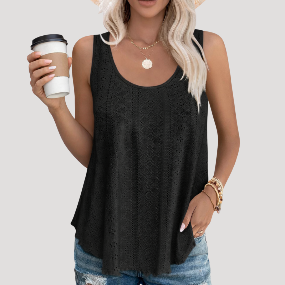 Luna Women’s Tank Top featuring a sleeveless design and a delicate eyelet pattern, perfect for casual summer outfits. 1