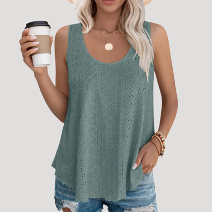 Luna Women’s Tank Top featuring a sleeveless design and a delicate eyelet pattern, perfect for casual summer outfits. 2