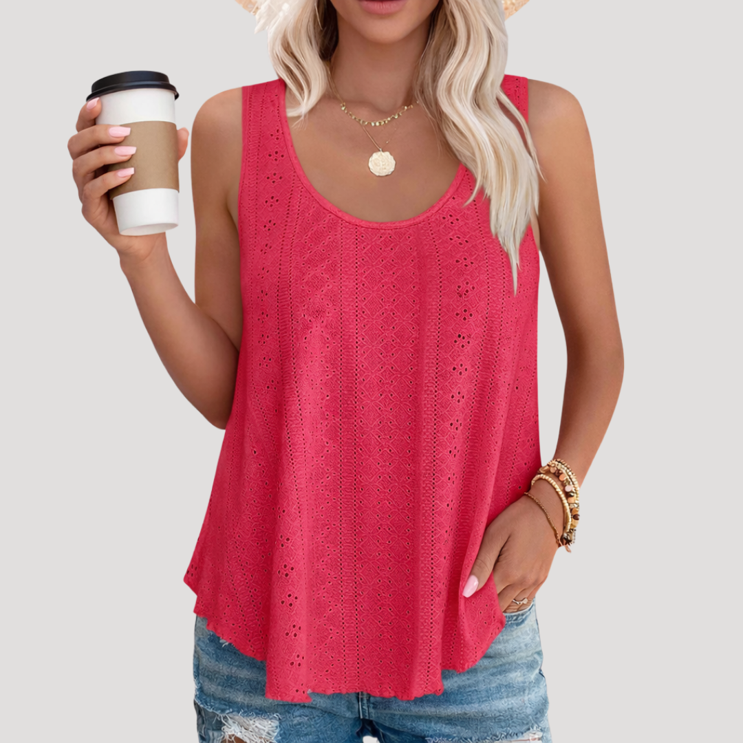 Luna Women’s Tank Top featuring a sleeveless design and a delicate eyelet pattern, perfect for casual summer outfits. 3