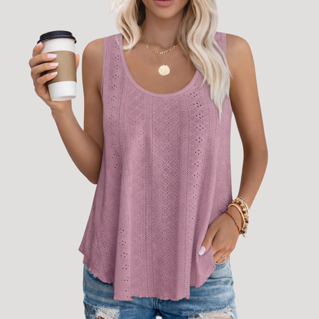 Luna Women’s Tank Top featuring a sleeveless design and a delicate eyelet pattern, perfect for casual summer outfits. 4