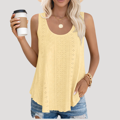Luna Women’s Tank Top featuring a sleeveless design and a delicate eyelet pattern, perfect for casual summer outfits. 5