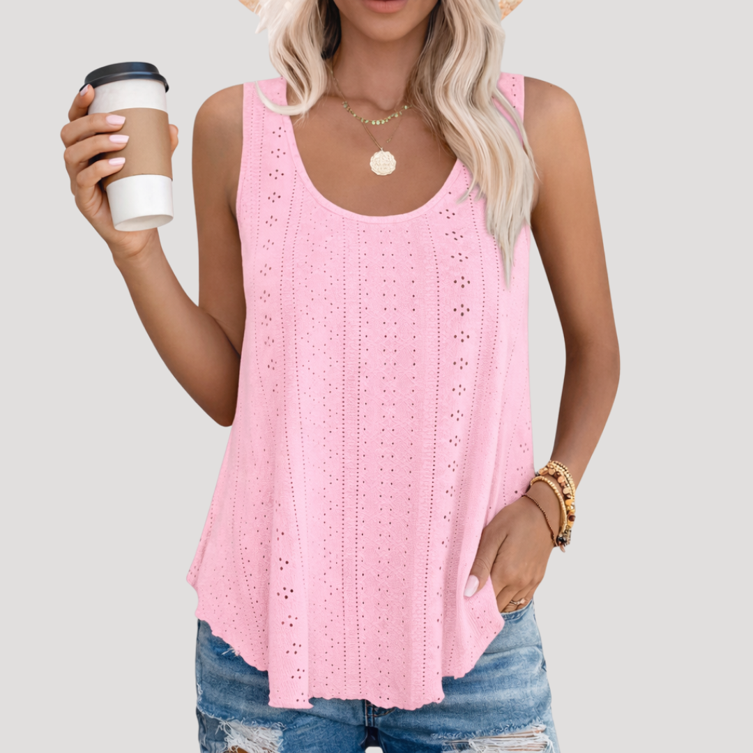 Luna Women’s Tank Top featuring a sleeveless design and a delicate eyelet pattern, perfect for casual summer outfits. 6