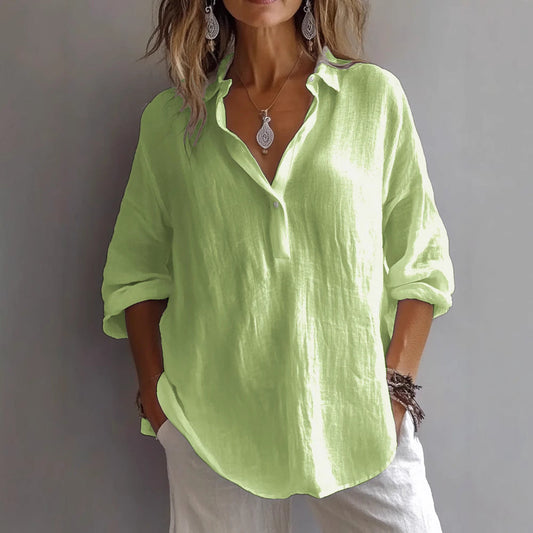 Lune Women’s Casual Linen Shirt featuring a stylish button placket and wide sleeves, perfect for a comfortable and chic everyday look. 0