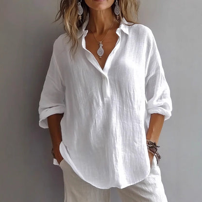 Lune Women’s Casual Linen Shirt featuring a stylish button placket and wide sleeves, perfect for a comfortable and chic everyday look. 1