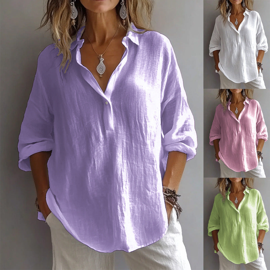 Lune Women’s Casual Linen Shirt featuring a stylish button placket and wide sleeves, perfect for a comfortable and chic everyday look. 2