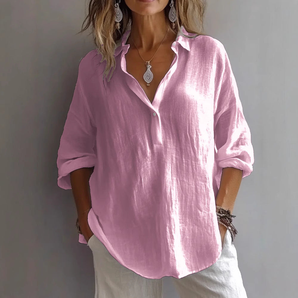 Lune Women’s Casual Linen Shirt featuring a stylish button placket and wide sleeves, perfect for a comfortable and chic everyday look. 3