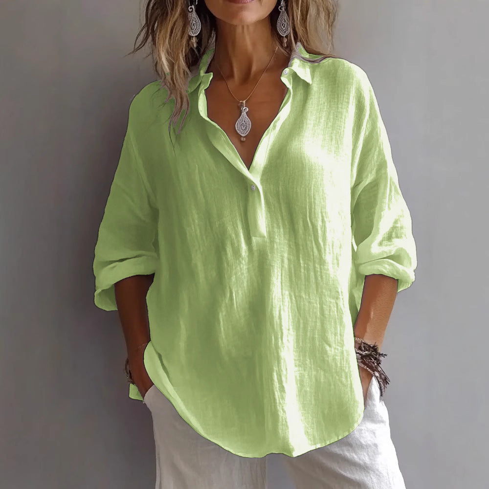 Lune Women’s Casual Linen Shirt featuring a stylish button placket and wide sleeves, perfect for a comfortable and chic everyday look. 4